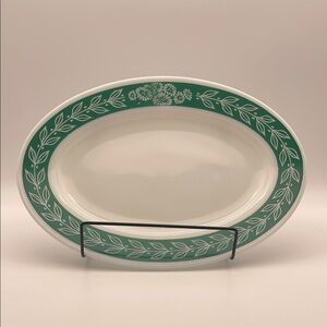 Vintage Pyrex Double Tough Green Laurel White Milk Glass Oval‎ Serving Platter
